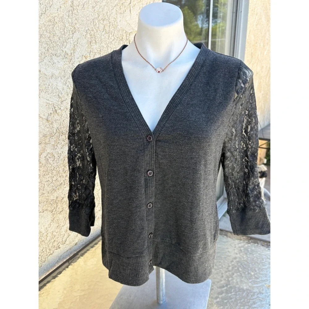 Y2K Tralilbee Gray Lace Sleeve Button Front Cardigan Sweater Large Womens #5 - Picture 1 of 5